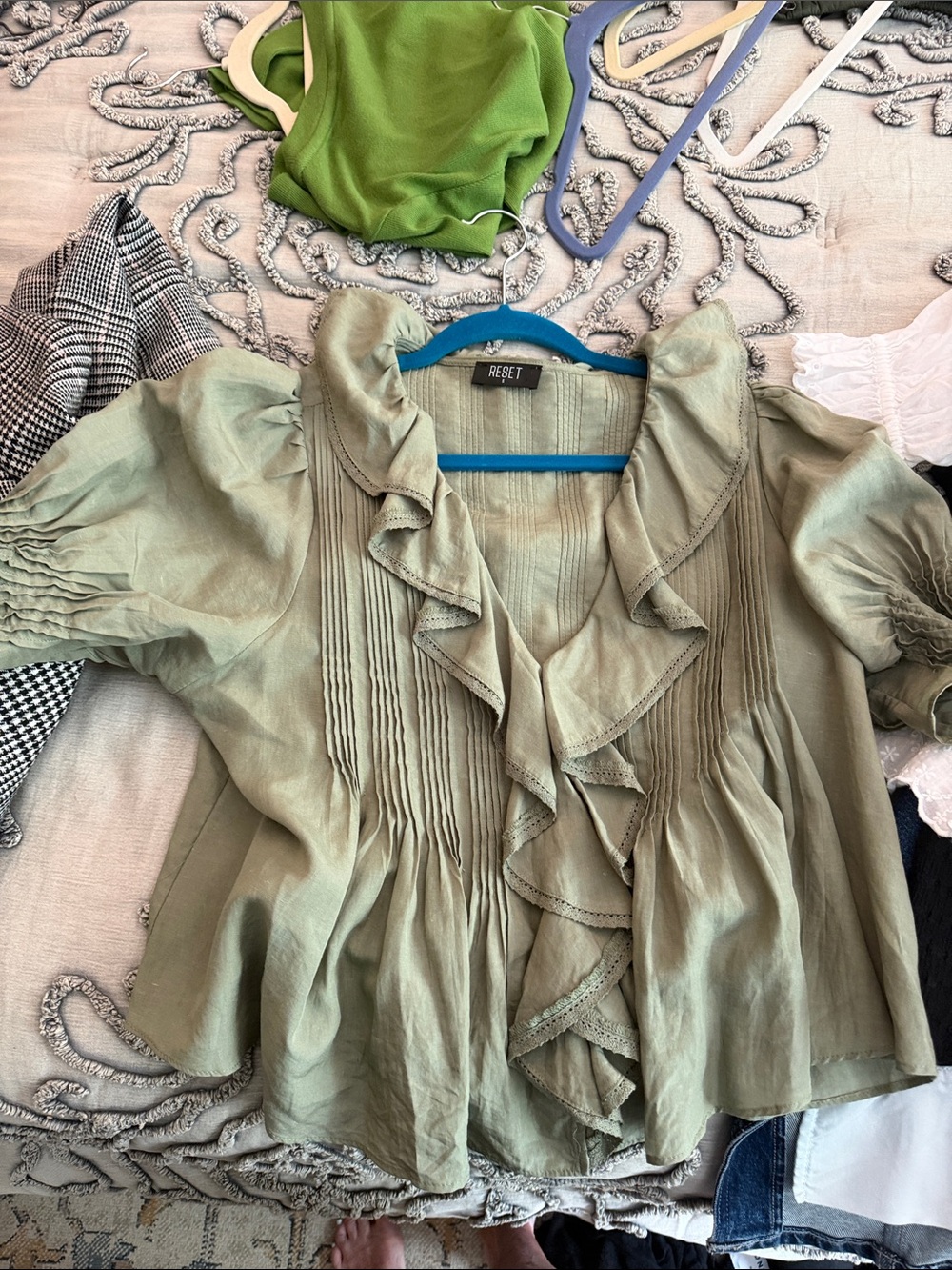 The Reset Olive Green Ruffled Pintuck Blouse